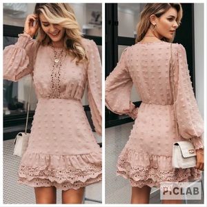 Just Me Swiss Dot Bishop Sleeve Guipure Lace Trim Pink Dress Large